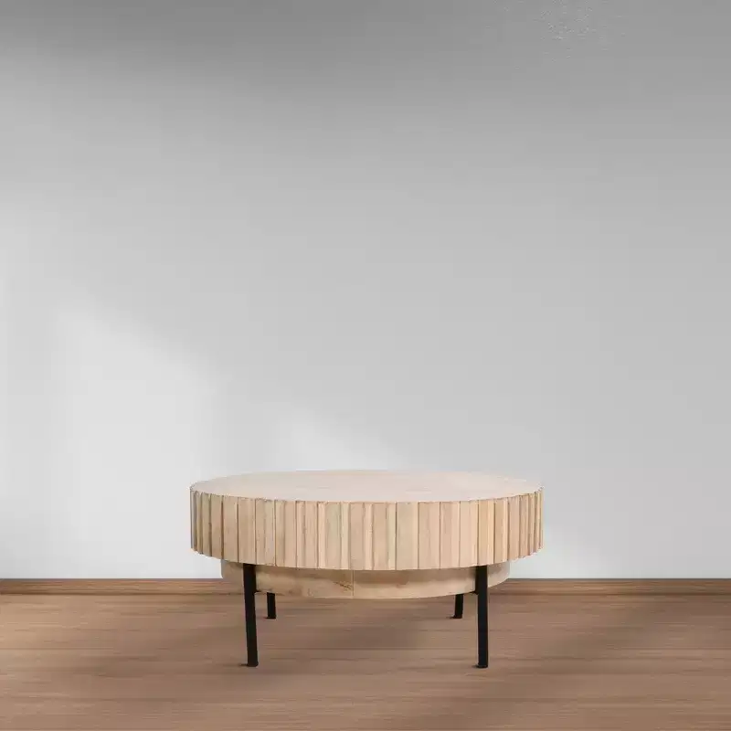 Royal Hampton, Modern Handcrafted Round Coffee Table Oak White Wood Top with Grooved Edges Black Iron Legs, 36 Inch