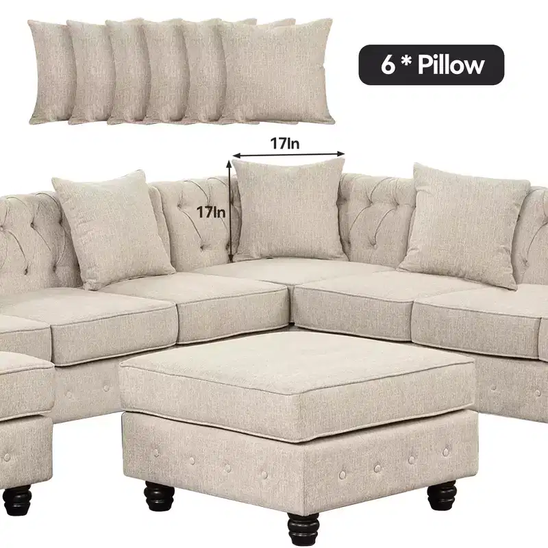 7 seater Linen U Shape Sectional Sofa 132 Large Rolled Arms Corner Couch with Ottoman-Morden Fort
