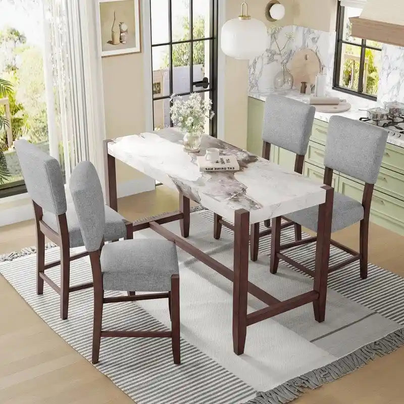 Modern Counter Height Dining Table, Faux Marble Bar Table and 4 Upholstered-Seat Chairs
