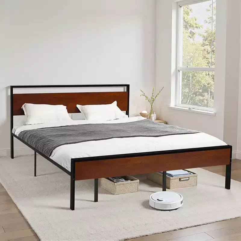 King Size Bed Frame, 14 Inch Black Metal Platform Bed Frame with Retro Brown Wooden Headboard and Footboard, Large Under-Bed Storage, Brown