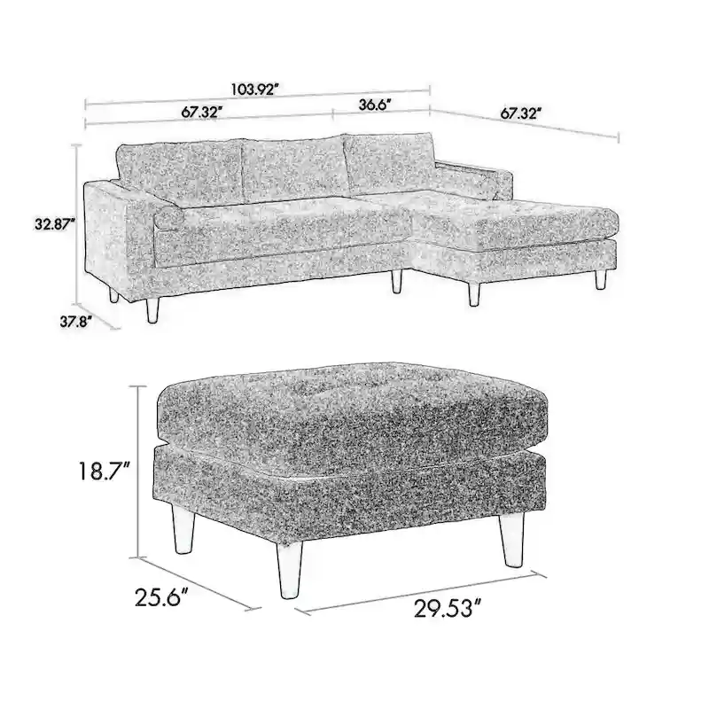 Ryle 104 Inch Sectional Sofa with Chaise and Ottoman, 2 Pillows, Gray Woven