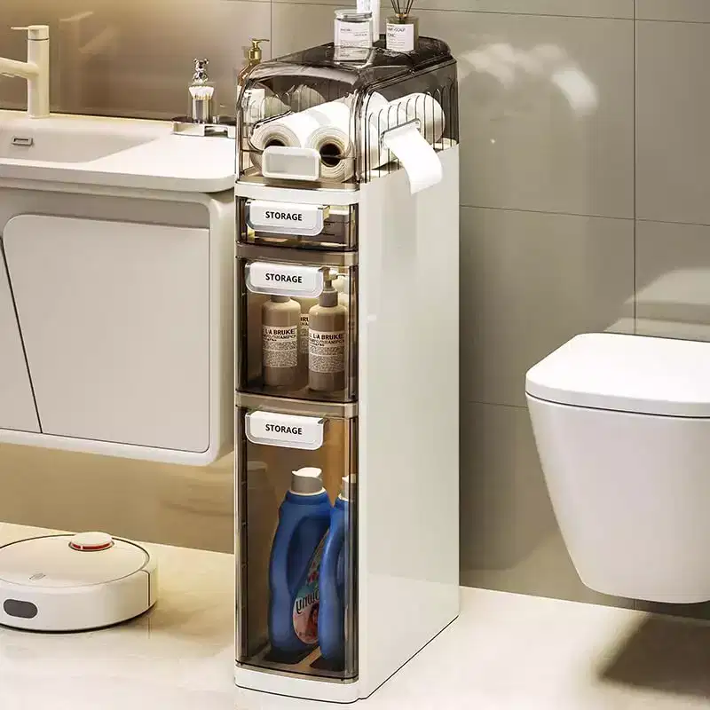Slim Bathroom Storage Cabinet 4 Tier, Narrow Bathroom Cabinet with Drawers & Tissue Box, Plastic Waterproof Thin Storage Box for Narrow Spaces Kitchen