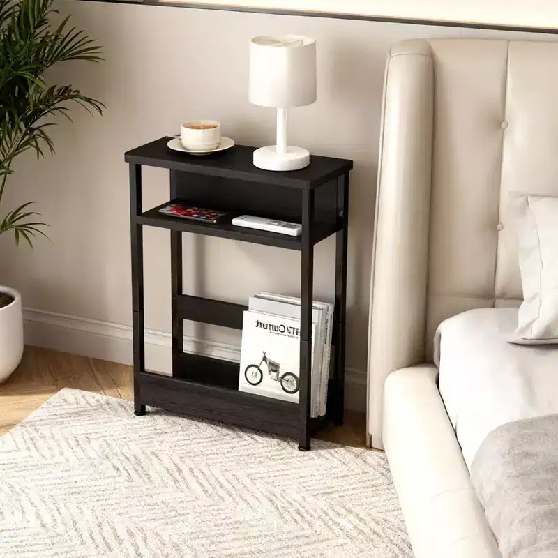 Slim 3-Tier Industrial Side Table – Space-Saving End Table with Storage Shelves & Magazine Rack