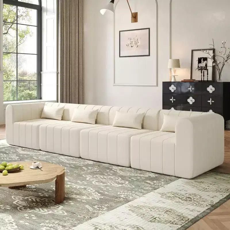 145.5 Modern Convertible Sectional Sofa, Upholstered 4-Seater Sectional Sofa with Compressed Sponge, Living Room L-Shaped Sofa-Panipeachy