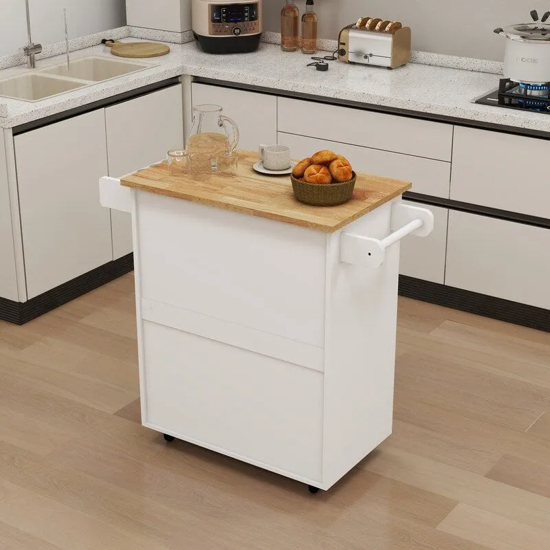 Kitchen Island Rolling Trolley Cart with Adjustable Shelves & Rubber Wood table top