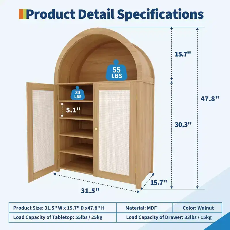 47'' Modern Arched Sideboard Buffet Cabinet w/Storage Freestanding Kitchen Pantry Cabinet with Rattan Doors for Living Room, Dining Room, Hallway