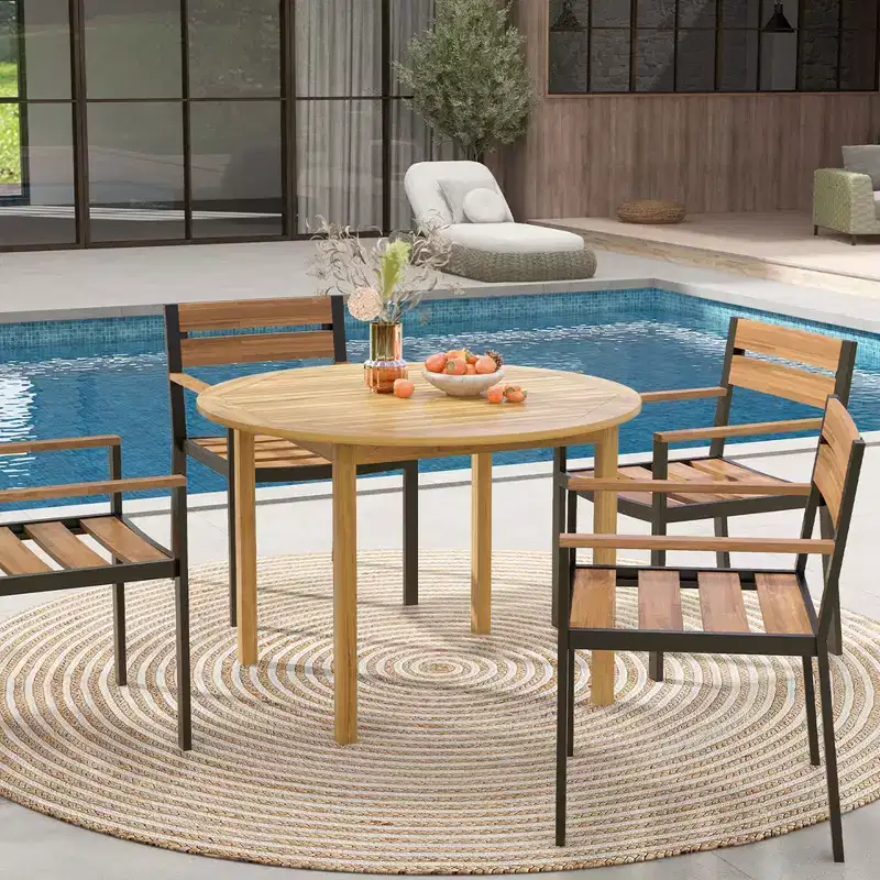 Costway Patio Dining Table Acacia Wood Round Outdoor Bistro Table 4-Person for Deck Lawn