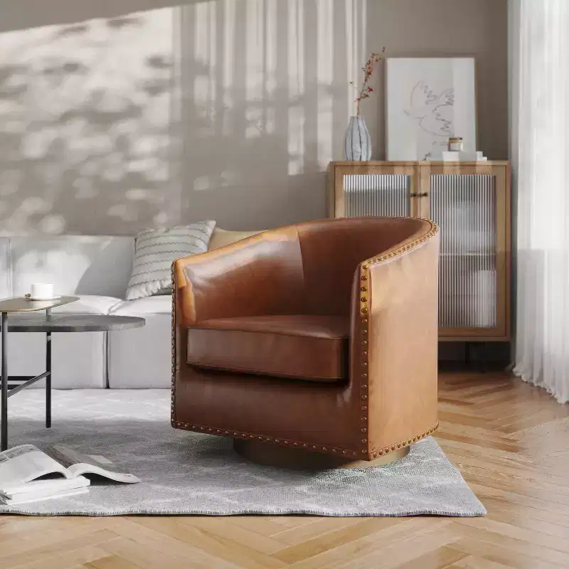 Club Style Commercial Barrel Accent Armchair with 360 Swivel Base and Nail Head Trim