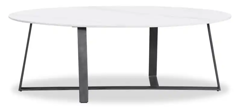 . 51 Modern Oval Coffee Table - White Sinetered Stone with Dark Grey Metal Legs