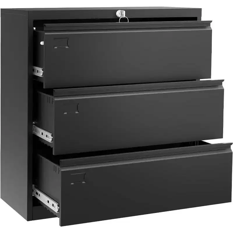 3-Drawer Lateral File Cabinet with Lock, Metal Storage Organizer for Letter/Legal/A4 Files, Space-Saving Black Office Cabinet