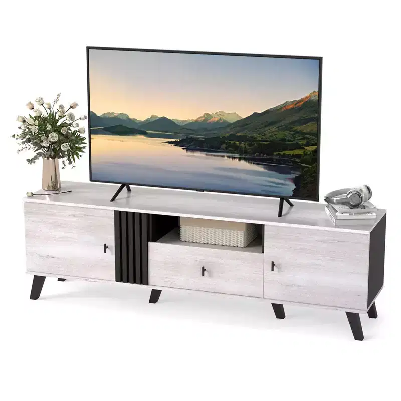 Mid Century Modern TV Stand for 80 TVs with Open Shelf 2 Side Cabinets