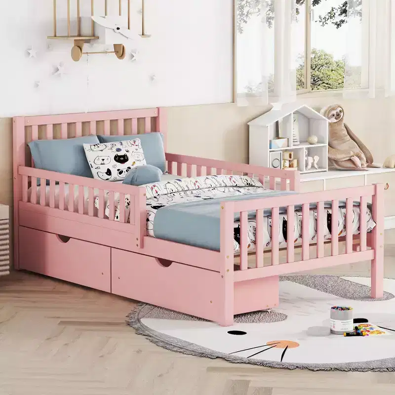 Twin Wood Platform Bed with Guardrails & 2 Storage Drawers – Pink