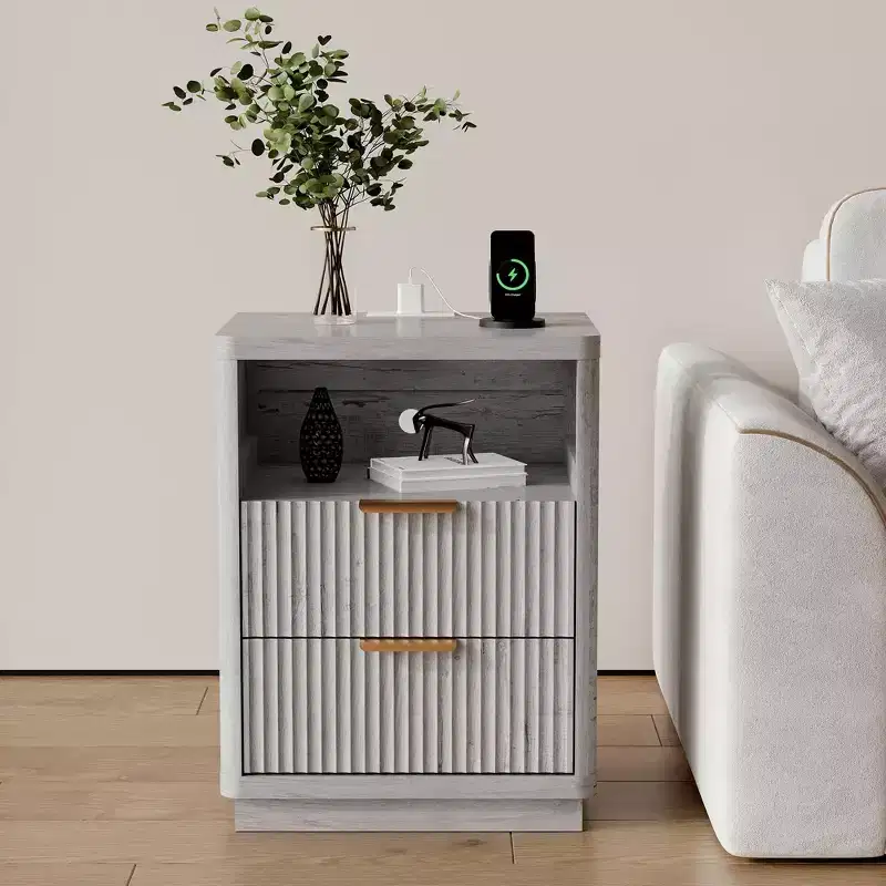 Fluted Nightstand with Charging Station, Mid Century Modern Fluted Nightstand, 2 Drawers Wooden Night Stand, Modern End Table with Curved Corners