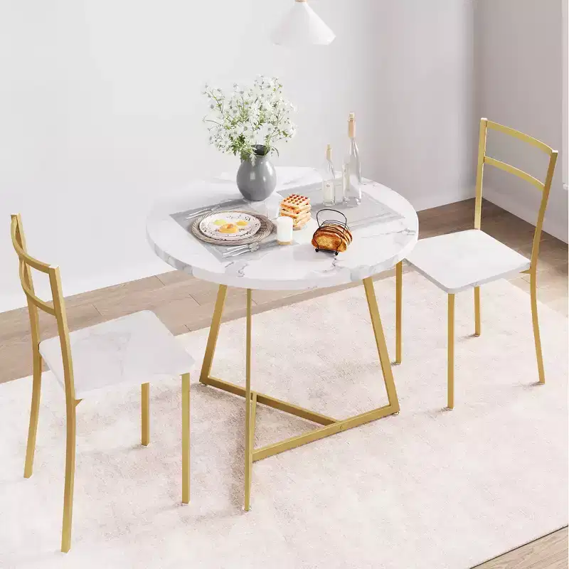 2-Person Round Kitchen Table Set  Modern Dining Table with 2 Chairs, Metal Frame  for Small Spaces, Apartment