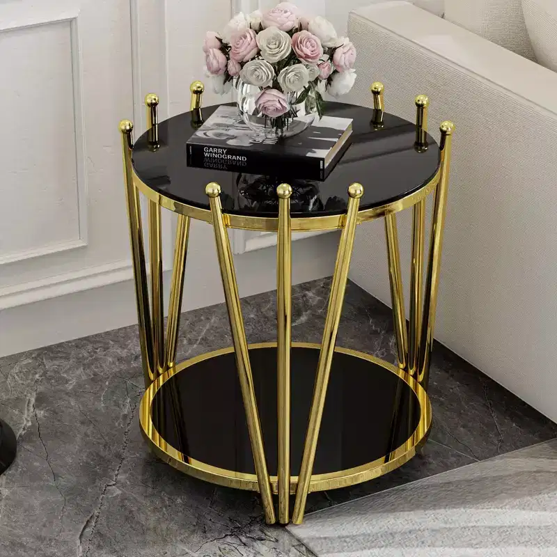 Modern End Table with Tempered Glass Tabletop, Side Table with Crown Design Stainless Steel Legs, Couch Table for Living Room