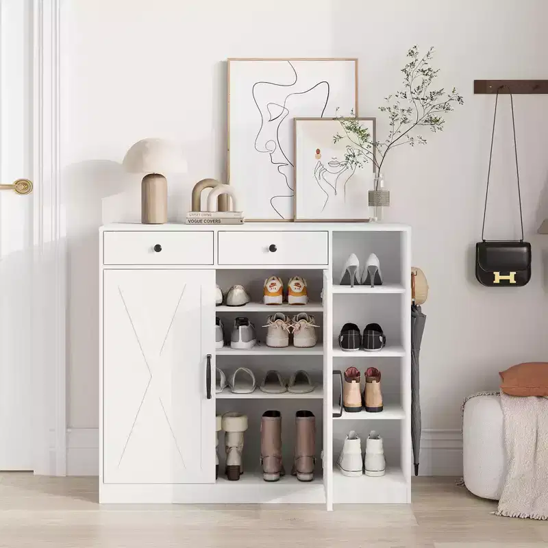 Shoe Storage Cabinet, 5-Tier Farmhouse Shoe Cabinet with 2 Barn Doors & 4 Cubbies, Entryway Organizer for Hallway, Foyer, Rustic