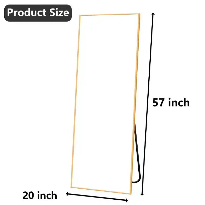 MAYEERTY Aluminum Full-Length Mirror 57x20in, Gold, Right Angle, Tempered Glass, With Stand