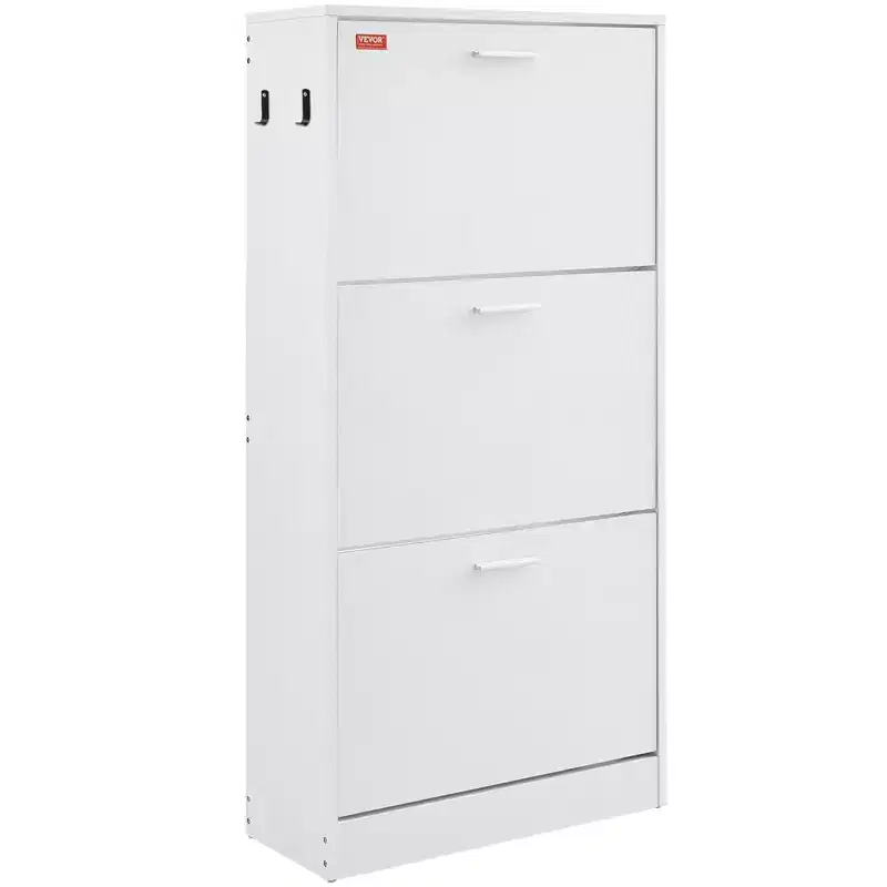 3-Flip Drawer Shoe Cabinet with Side Hooks – White, Freestanding, Holds 15 Pairs