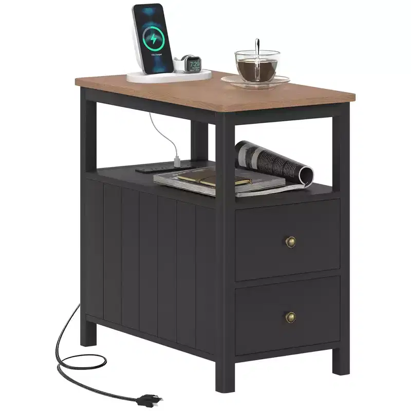 HOMCOM Narrow End Table with Charging Station and USB Ports for Living Room, Modern Side Table with Drawers, Shelf