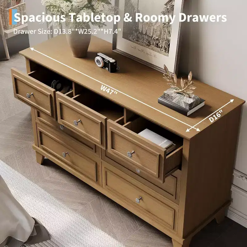 Modern 7 Drawer Dresser for Bedroom  Wide Chest of Drawers  Deep Storage  Water-Resistant Wood Top  Metal Handles  Thickened Desktop