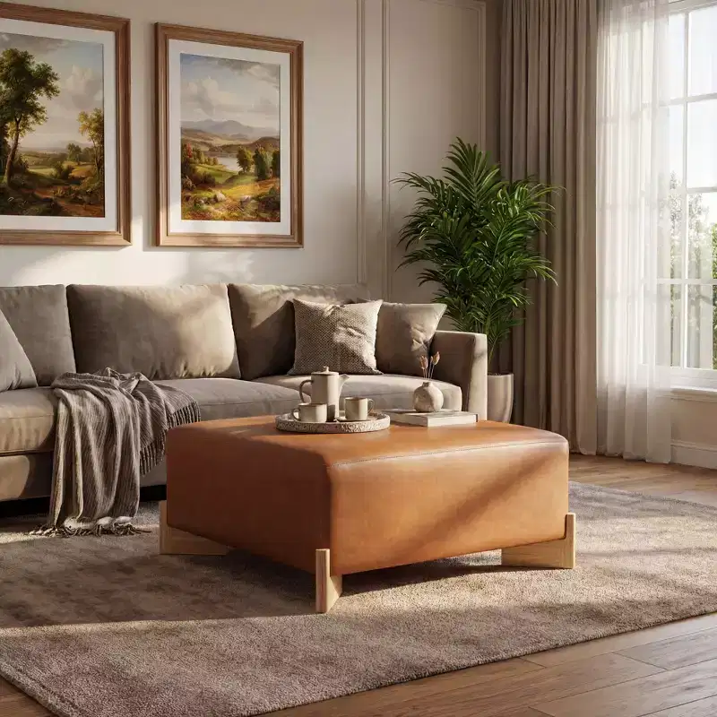 Modern Square Wooden Boucle Upholstered Ottoman
