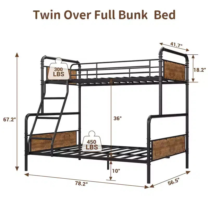 Metal Bunk Bed Twin Over Full Size with Angled Ladder, High Guardrail,Heavy Duty Bunk Bed Frame with Metal Slats, Smooth Rounded Edges, for Kids,Teens
