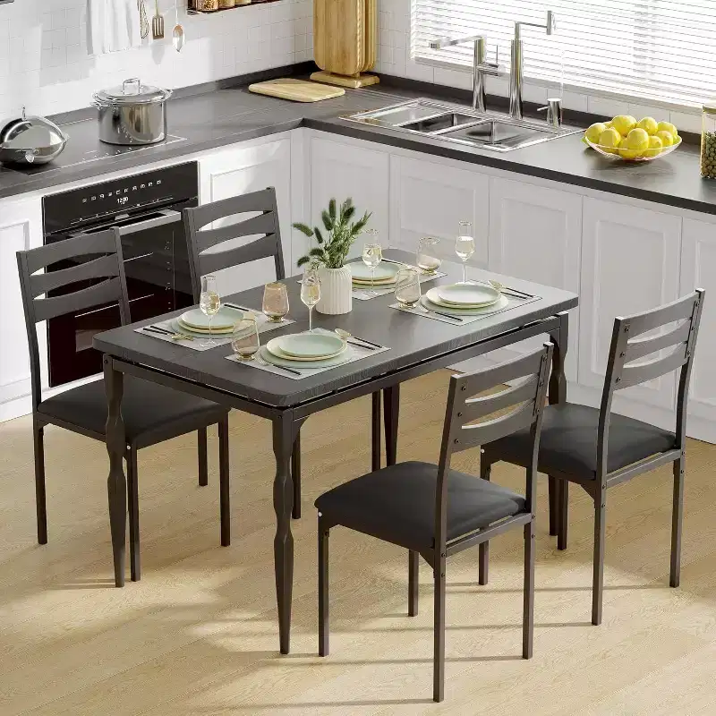 Modern Industrial Dining Set, 5 Piece Table & 4 Chair Combo, Space-Saving Kitchen Table with Metal Legs for Homes & Apartments