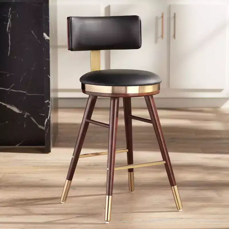 Studio 55D Walnut Bar Stool Brown 25 1/2 High Mid Century Black Leather with Backrest for Kitchen Counter Height Island