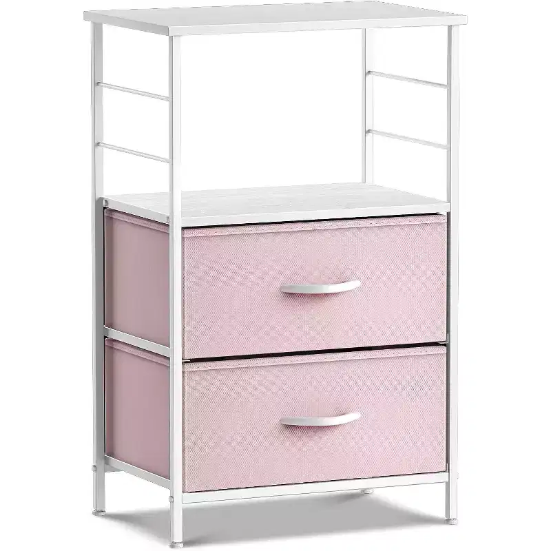 2-Drawer Nightstand with Shelf, Steel Frame, Wood Top & Fabric Storage Bins