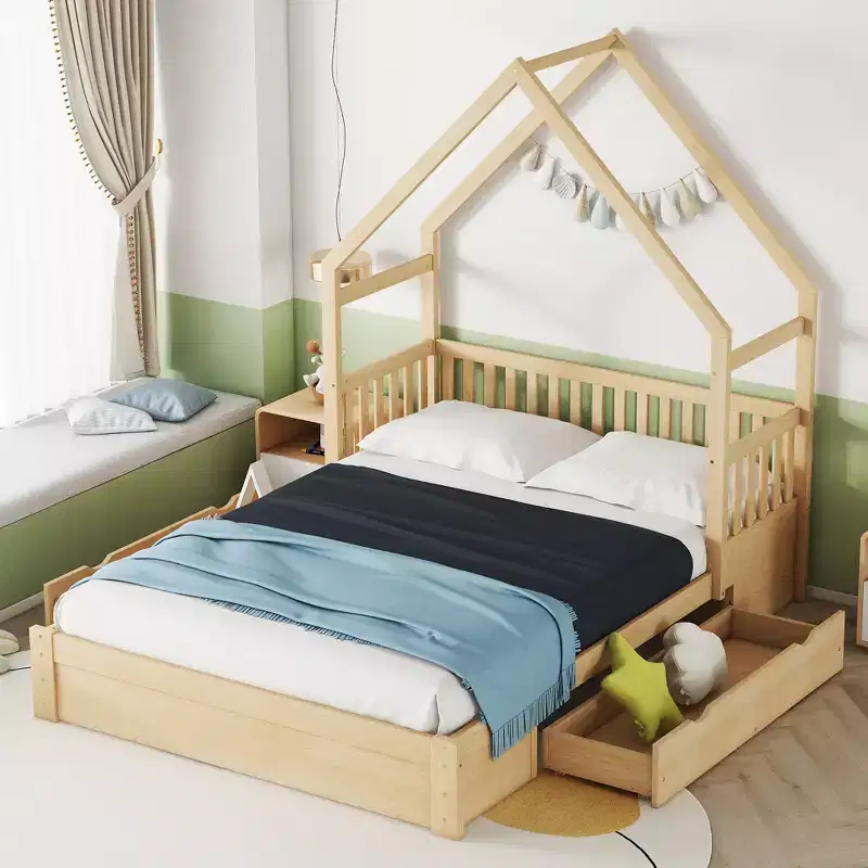 Queen Size Wood House Platform Bed with Guardrail and 2 Drawers