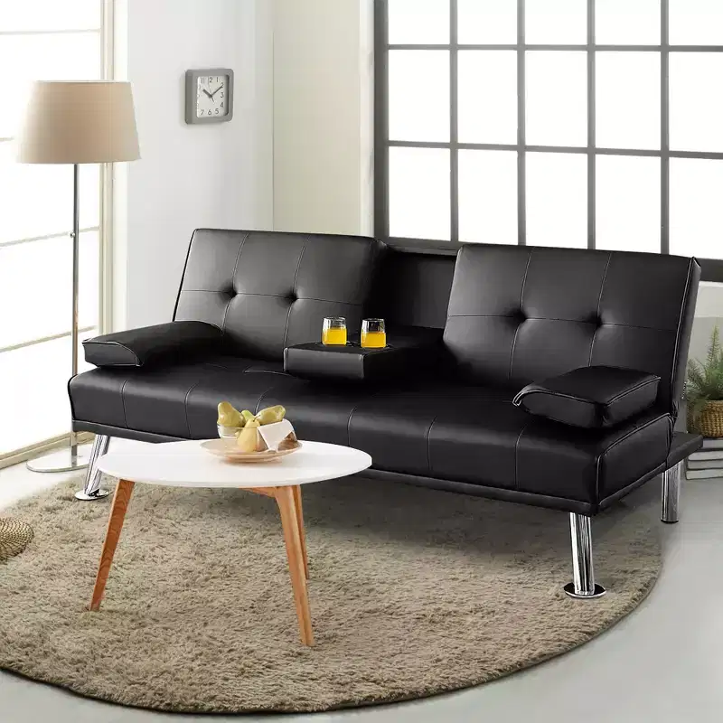 Costway Convertible Folding Futon Sofa Bed Leather w/Cup Holders&Armrests White\Black\Brown