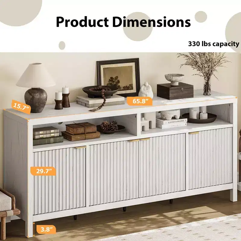 4-Door Fluted Sideboard Cabinet - 65.8 Inch Storage Buffet