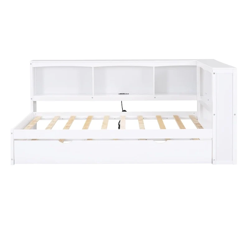 Twin Wooden Daybed with Trundle, Cabinets, and Charging Stations
