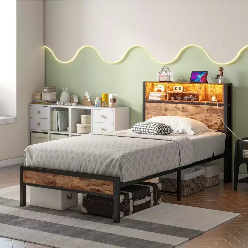 Twin Size Bed Frame with Storage Headboard, Metal Platform Bed with Charging Station, Bookcase Storage
