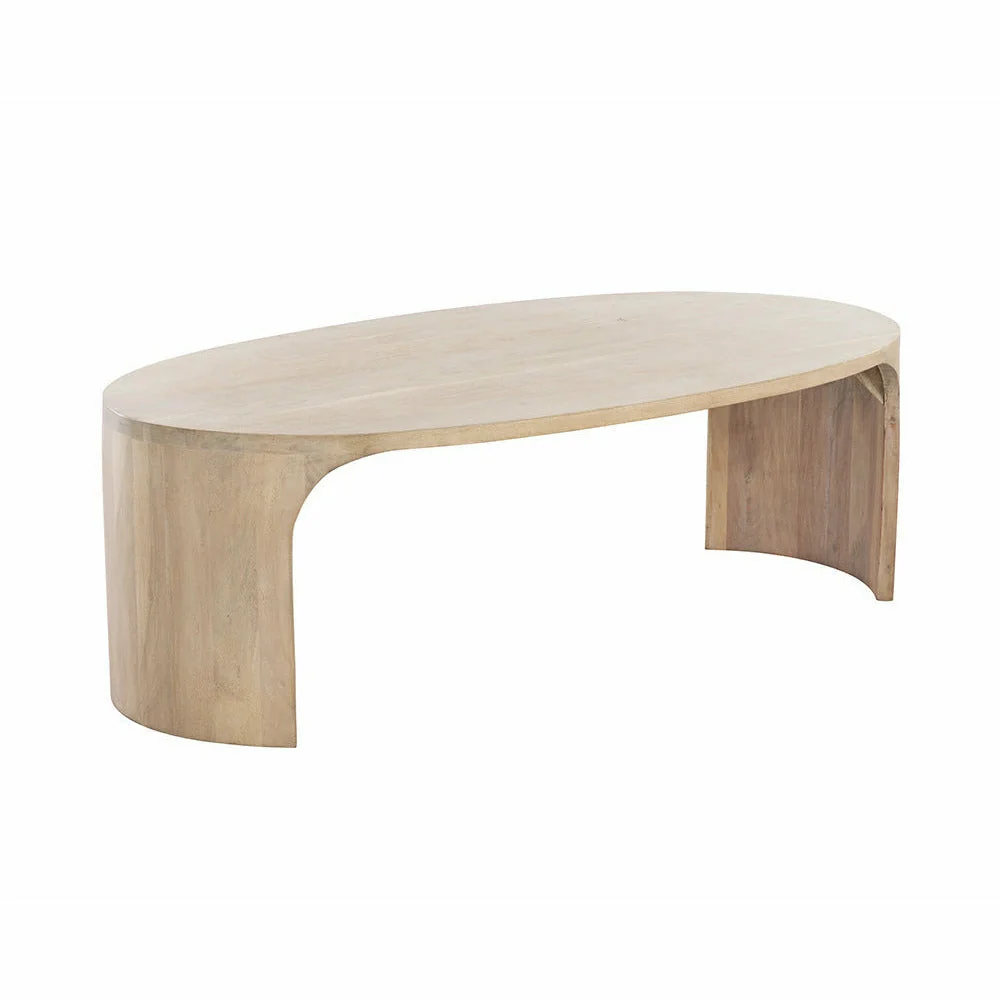 Mid-Century Modern Solid Acacia Wood Coffee Table with Oval Top & Curved Legs for Living Room