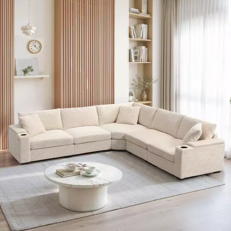 106 Corduroy Convertible L Shaped Corner Sofa/Couch with Armrest Storage,Cup Holders