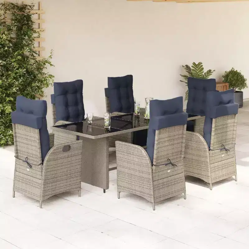 vidaXL 7-Piece Poly Rattan Patio Dining Set - Adjustable Reclining Chairs, Tempered Glass Table, Washable Cushions in Gray and Navy Blue