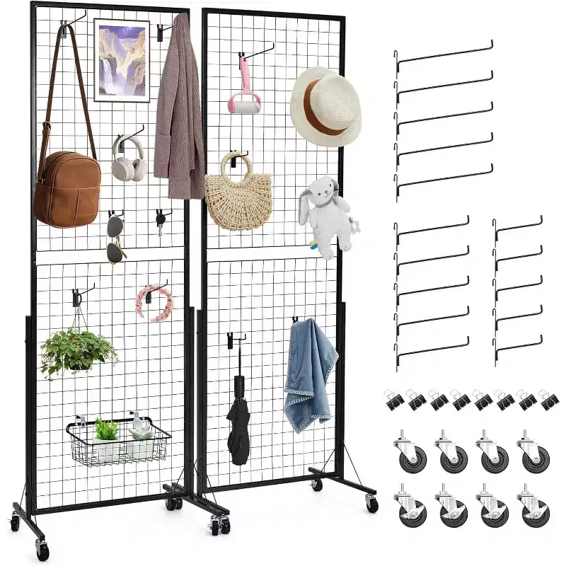 Black Movable Grid Wall Panel Display Stand, Triangle T-Base & Bonus Hooks, for Retail & Home