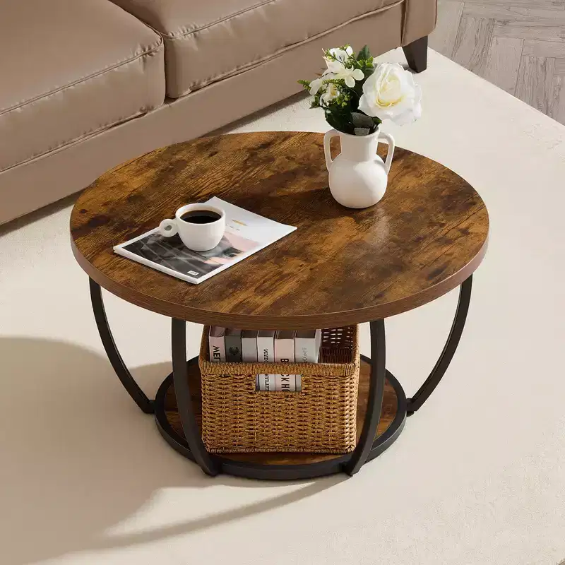 VEVOR Coffee Table, Modern Round Coffee Table, 2 Tiers Wooden Circle Center Desk with Open Storage, Minimalist Metal Frame Accent End Desk, Brown