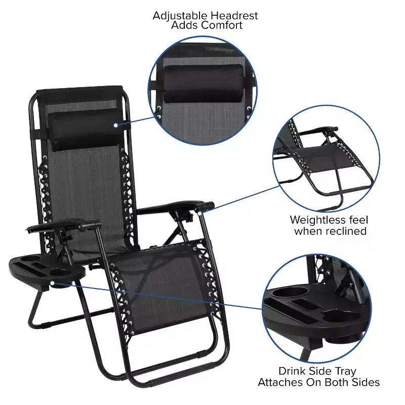Merrick Lane Set of 2 Folding Mesh Upholstered Zero Gravity Chair with Removable Pillow and Cupholder Tray