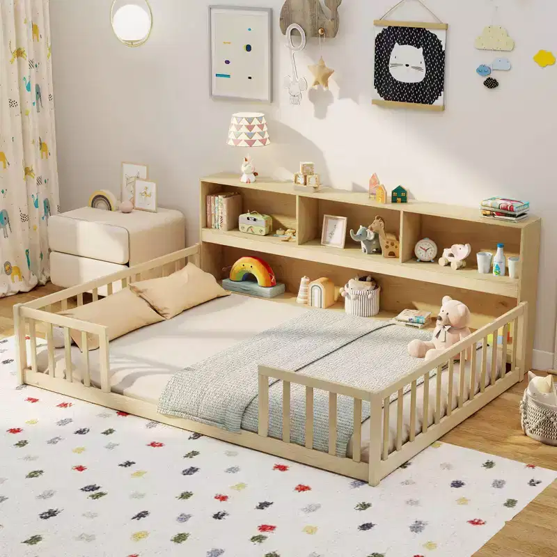 Full Size Montessori Floor Bed with Bookcase Storage Shelves & Safety Fence Rails Pink/Natural/White/Gray