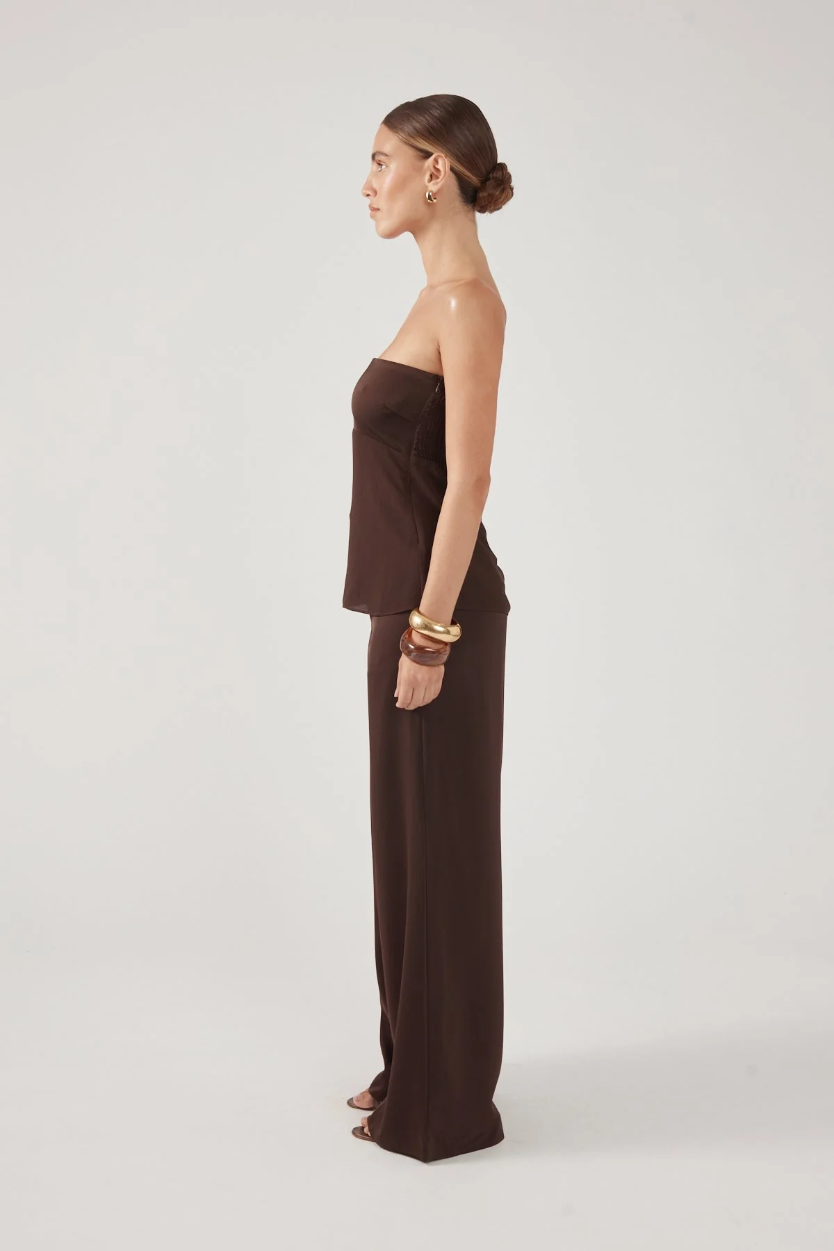 Satin Mid Rise Tailored Pants Brown