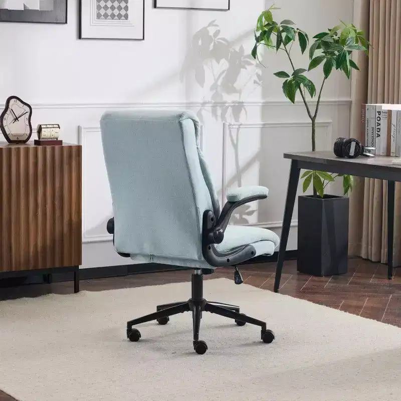 Karl Home |28 inch W White Mid-Back Swivel Cotton And Linen Office Chair Task Chair With Adjustable Arms