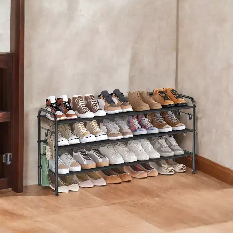 Shoe Rack, 3 Tier Shoe Organizer, Fabric Shoe Shelf Storage with 4 Hooks, Holds up to 18 Pairs of Shoes, Height-Adjustable Shoe Rack for Entryway
