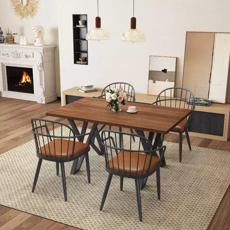 Christopher Knight Home Crest 5 Pieces Modern Faux Leather Dining Set with Metal Base, Brown/Walnut/ Black