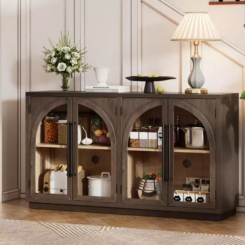 MAYEERTY 4 Doors Storage Sideboard Buffet Cabinet with Glass Doors Adjtstable Shelves for Living Room Kitchen Espresso