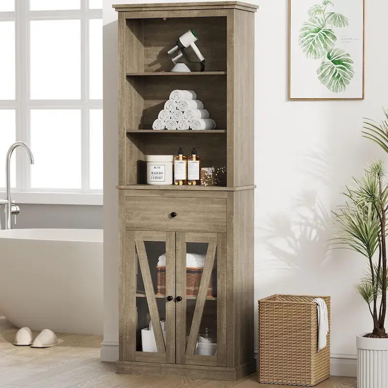 Tall Slim Storage Cabinet with 5 Shelves & Drawer – Grey, MDF, Anti-Tip, 66.5