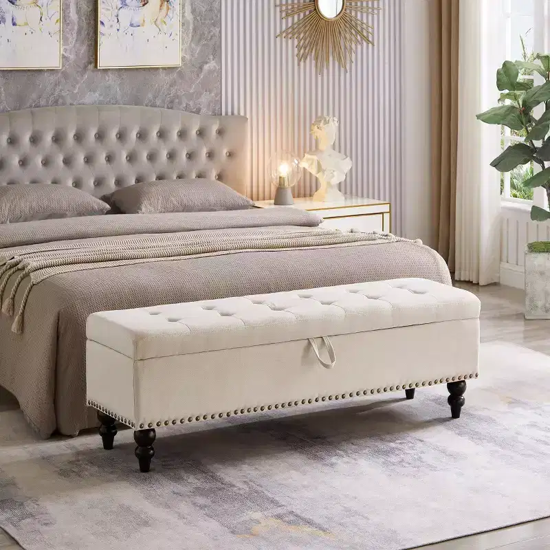 TUYOHW 59IN Storage Ottoman with Tufted Surface and Nail Trims Decoration, Foot Stools Ottoman with Storage, End Of Bed Bench for Bedroom, Beige