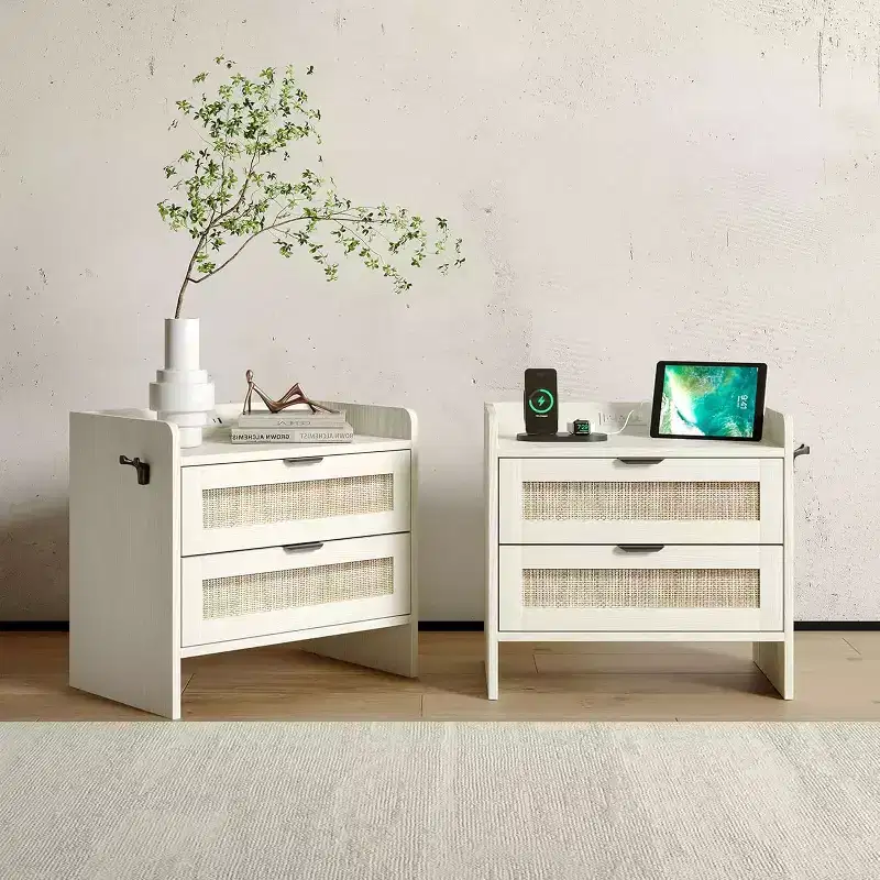 Rattan Nightstand Set of 2,Bedside Table with 2 Storage Drawer Space, Boho End Table Side Table for Bedroom Living Room Office