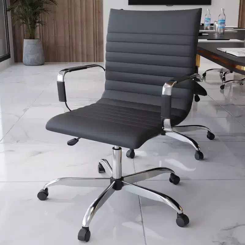 LeisureMod Harris Mid-Back Office Chair, Leather Upholstery with Swivel, Tilt, and Chrome Base, Modern Desk Seating for Home Office or Conference Room